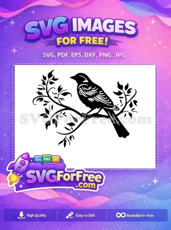A beautiful free SVG silhouette of a small bird perched gracefully on a leafy branch, ideal for your next creative free project.