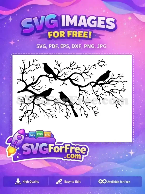 Free intricate SVG of four bird silhouettes perched on a delicate, sprawling tree branch, perfect for nature-themed projects.