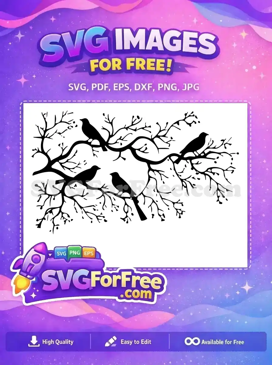 Free intricate SVG of four bird silhouettes perched on a delicate, sprawling tree branch, perfect for nature-themed projects.