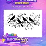 Free Four Birds on Branch Free Black Silhouette Design Free SVG - Instant Download