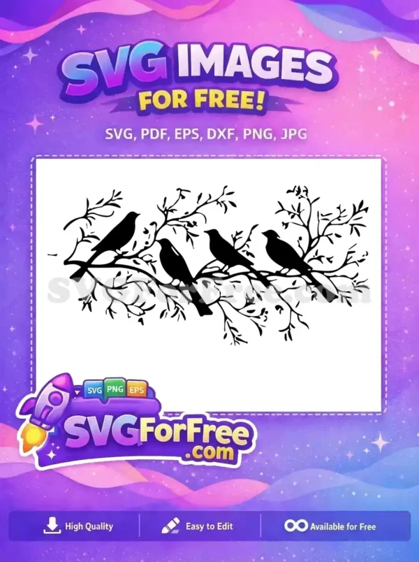 Free Birds on a Branch SVG – Elegant Nature Design Graceful black silhouette of four birds on a branch, a beautiful free design. Ideal for various creative projects, this free SVG offers timeless natural beauty.