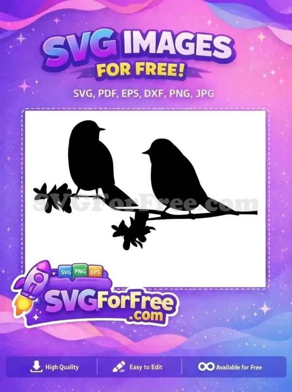A beautiful free design of two bird silhouettes perched on a tree branch with leaves. This free SVG offers elegant, minimalist animal art.