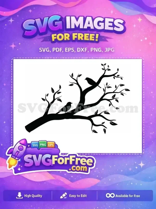 A free design of a serene tree branch silhouette with two small birds perched among delicate leaves, perfect for nature-themed projects.
