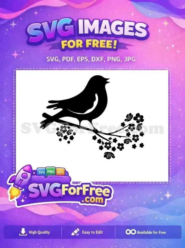 Elegant free black silhouette of a bird perched on a flowering branch, singing. A versatile free nature design.