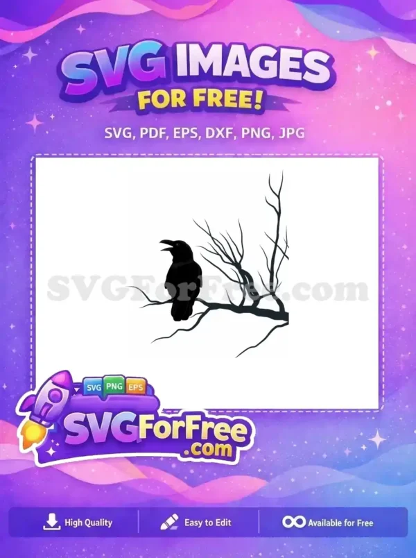 A free design featuring a solitary black raven with open beak perched on a dark, gnarled branch against a pure black background. This free vector art evokes a mysterious, gothic mood.