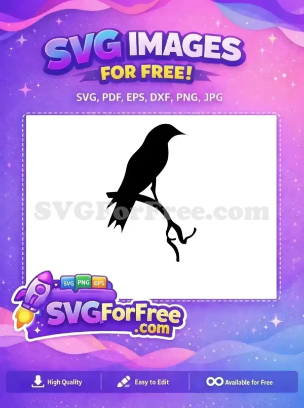Free Bird Perched on Branch SVG – Instant Nature Design A free elegant black silhouette of a bird perched on a stylized branch, ideal for nature-themed projects. Download and create.