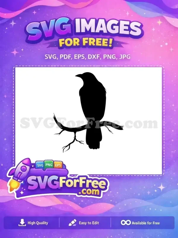 Free Raven Silhouette SVG – Elegant Bird Branch Design A free black silhouette of a majestic crow or raven perched on a bare tree branch, ideal for your free design projects.