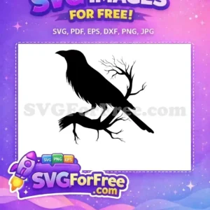 Free Raven on Branch SVG – A Mysterious Free Design A striking free design featuring a black crow silhouette perched on a bare branch, ideal for your next project.