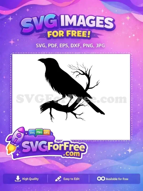 Free Raven on Branch SVG – A Mysterious Free Design A striking free design featuring a black crow silhouette perched on a bare branch, ideal for your next project.