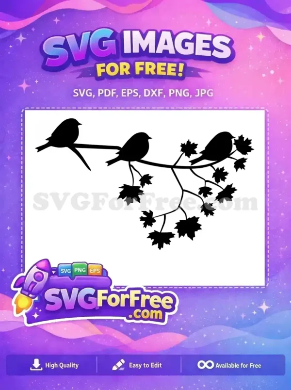A lovely free design showcasing two silhouette birds perched gracefully on a branching tree with maple-like leaves. Ideal free SVG for nature themes.
