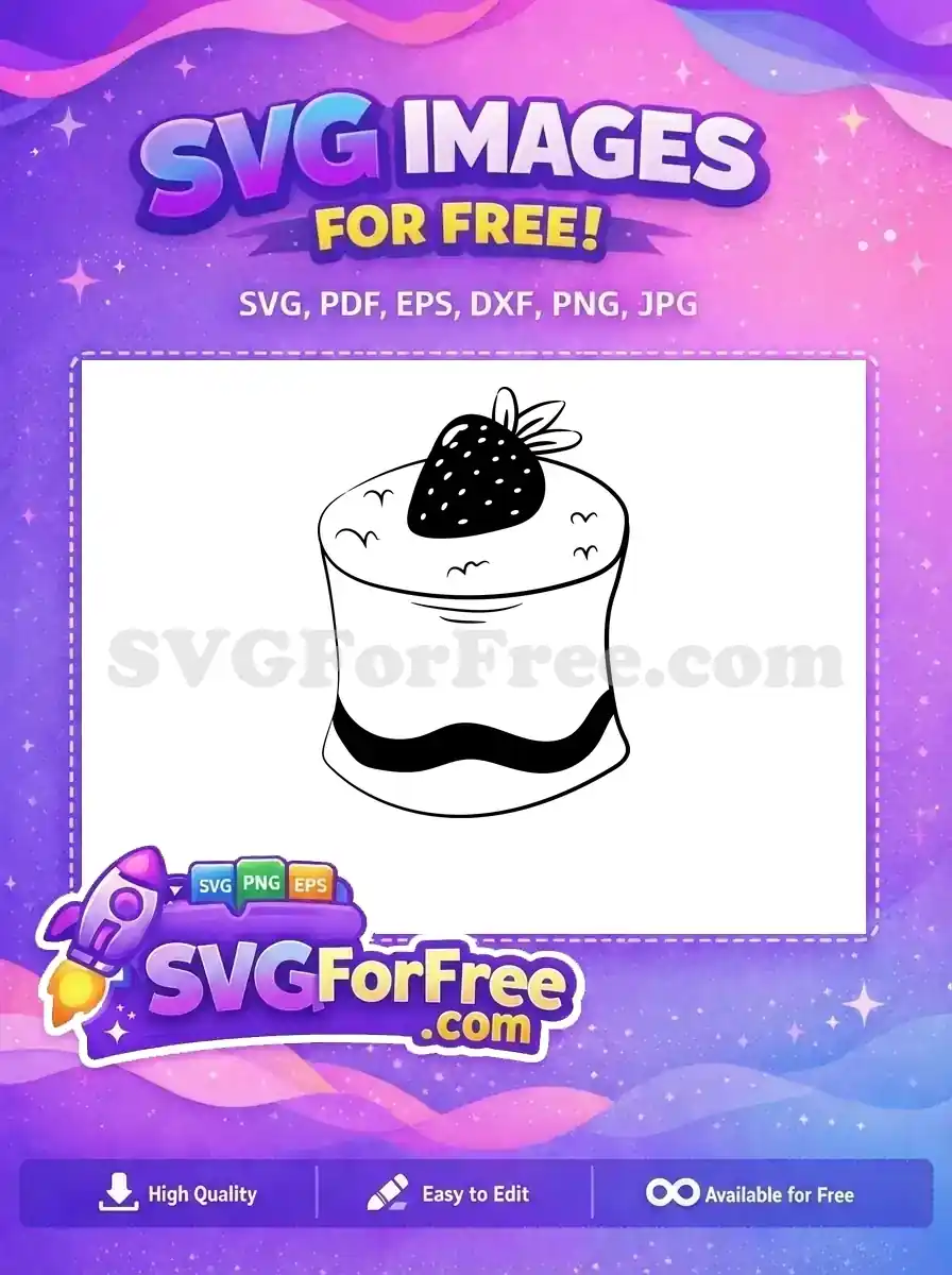 A delightful free strawberry cake icon in a clean black and white outline style, perfect for sweet designs. Get this free design instantly!