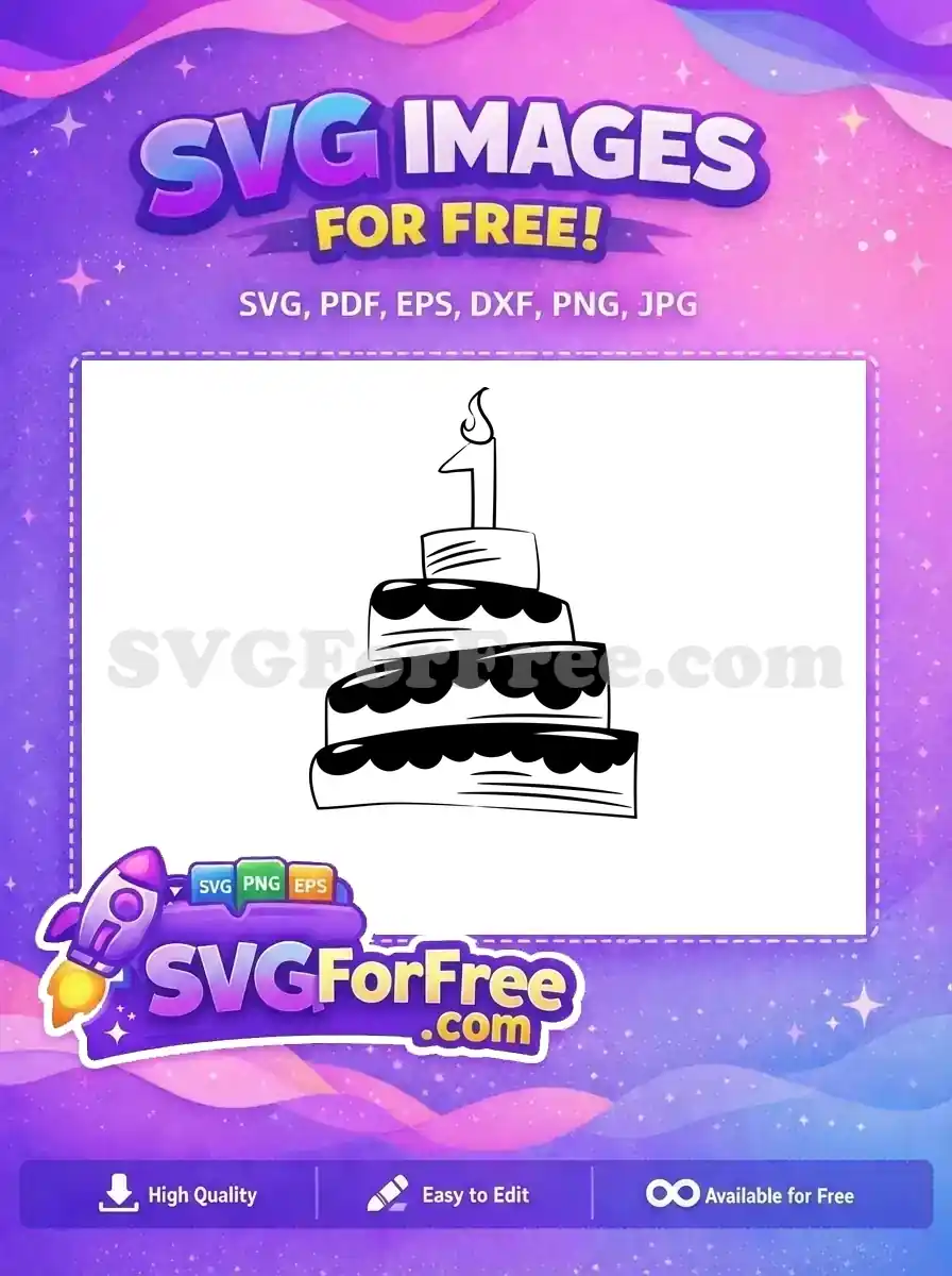 A free black and white tiered birthday cake SVG with a number one candle, ideal for first celebrations. Download this free design to personalize your creative projects.