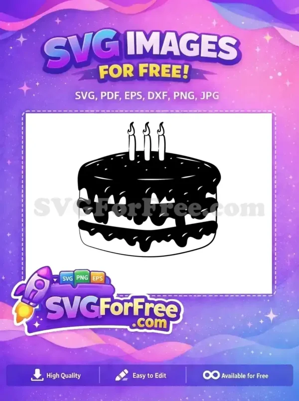 A delightful free SVG graphic of a classic two-tiered birthday cake with three lit candles and dripping frosting, ready for your creative projects.