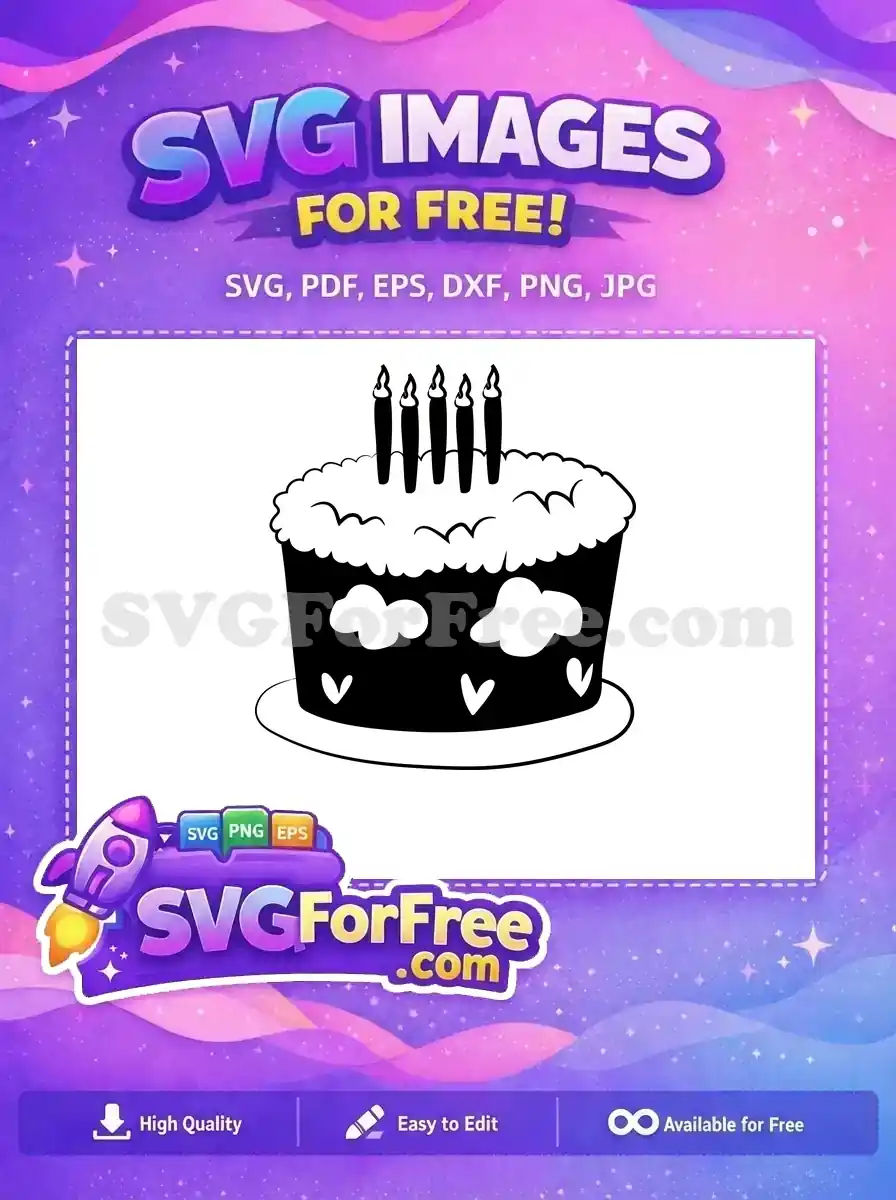 A charming, free black and white birthday cake SVG with five lit candles and decorative hearts, ready for your creative projects. Download this free design now!