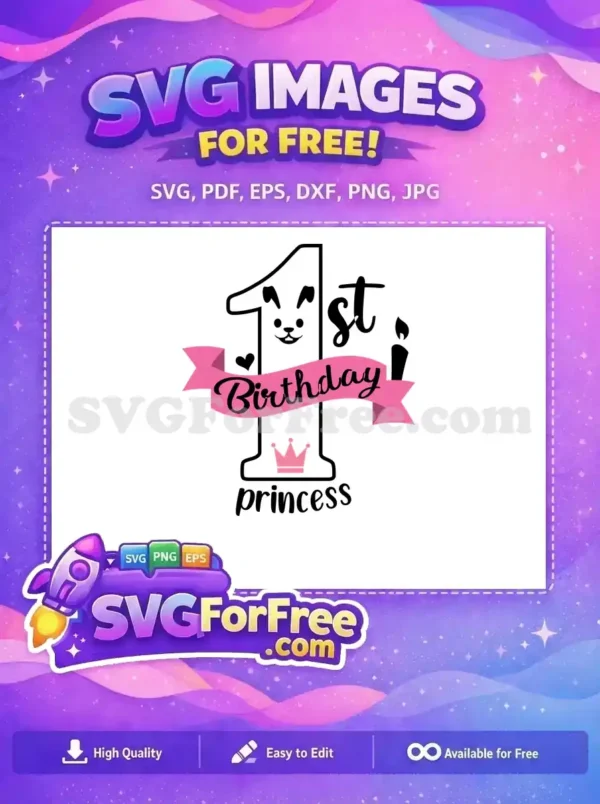 Free 1st Birthday Princess SVG design featuring a cute number '1' with animal face, pink crown, and ribbon. Ideal for celebrations and crafts.