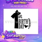 Free First Birthday with Bow Free Black Heart Laurel Free SVG - Instant Download