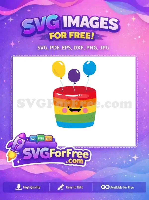 A cheerful, free rainbow cake SVG with balloons and a smiling face, perfect for any festive occasion. Download this free design now!
