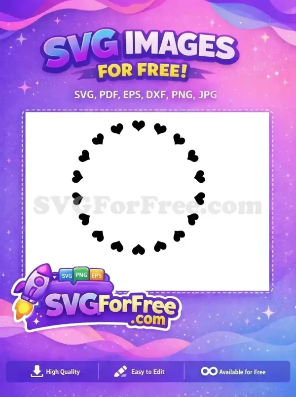 Free Love Heart Circle Border SVG Design for Romantic Crafts! A free SVG design featuring a perfect circle composed of numerous solid black hearts. Ideal for romantic projects.