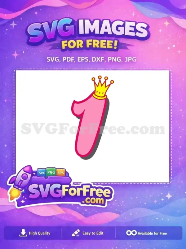 Free Princess Number One SVG – Adorable First Birthday Design A charming free design showcasing a pink number one wearing a golden crown, ideal for first birthday themes. Get this free SVG now!