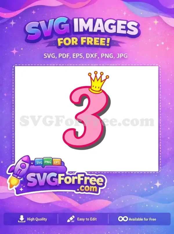 A delightful free pink number three SVG, adorned with a regal yellow crown, ideal for third birthday celebrations or crafts.