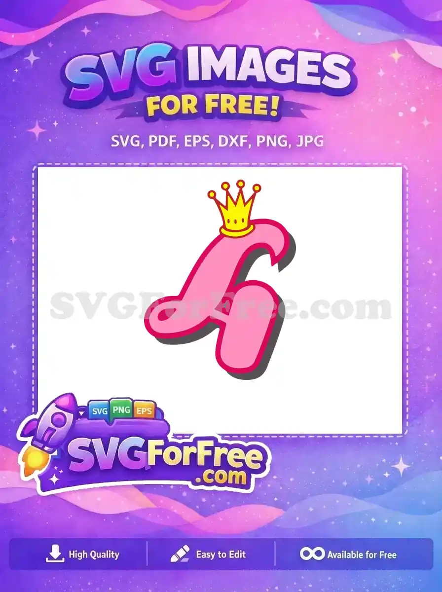 Free design featuring a captivating pink cursive letter 'f' adorned with a golden crown, ideal for royal-themed projects and personalized items. Get this free SVG.