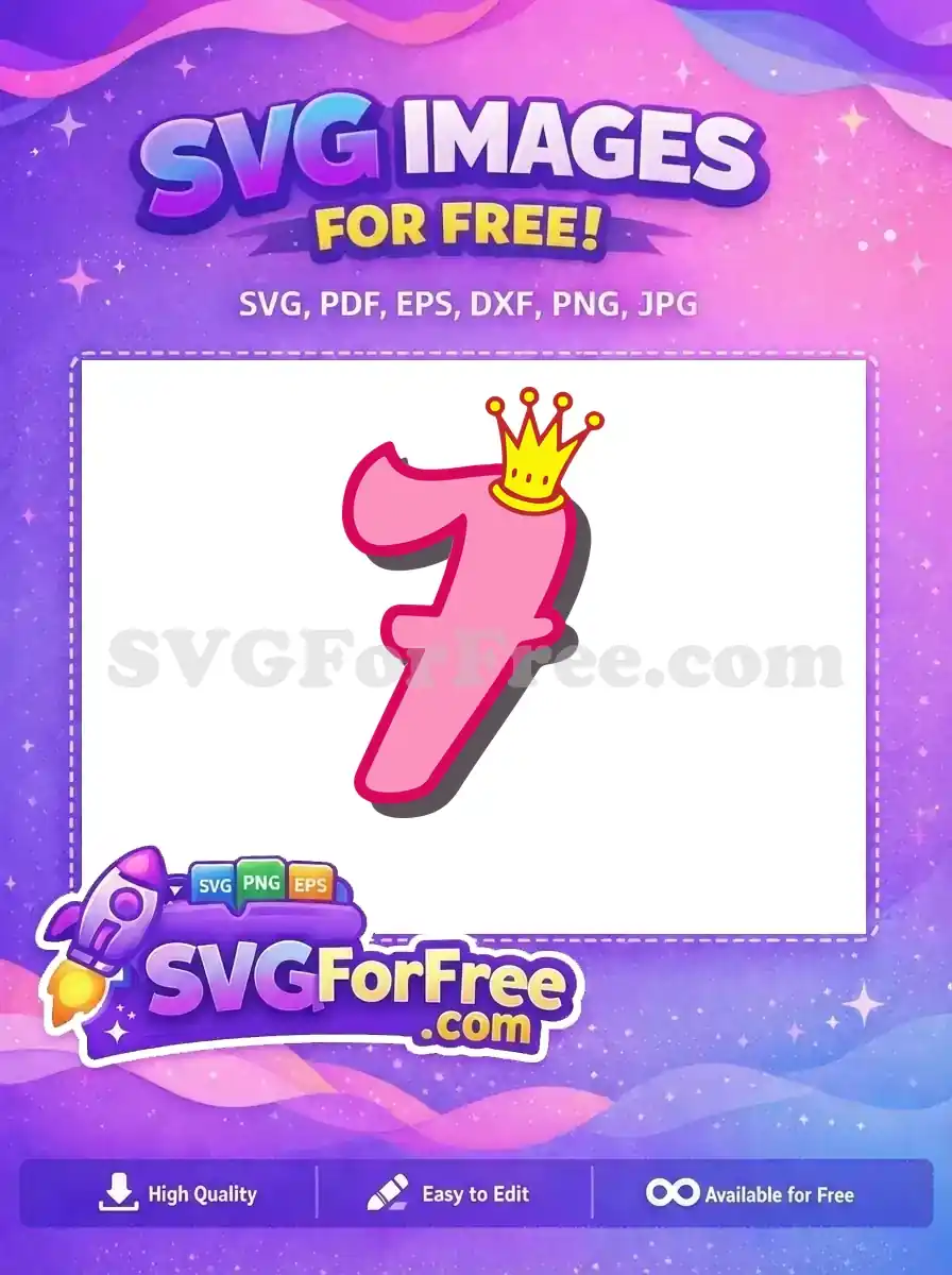 A free, delightful pink number 7 adorned with a golden crown, ideal for seven-year-old birthday celebrations. This free design is charming.