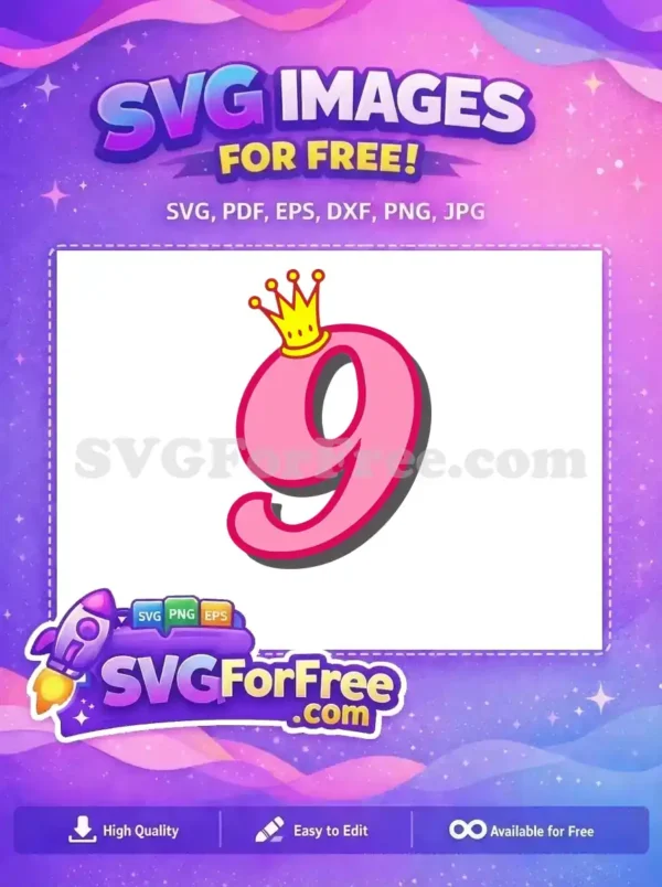 A vibrant free SVG of a pink number 9 adorned with a golden princess crown, ideal for royal-themed crafts and party decorations.