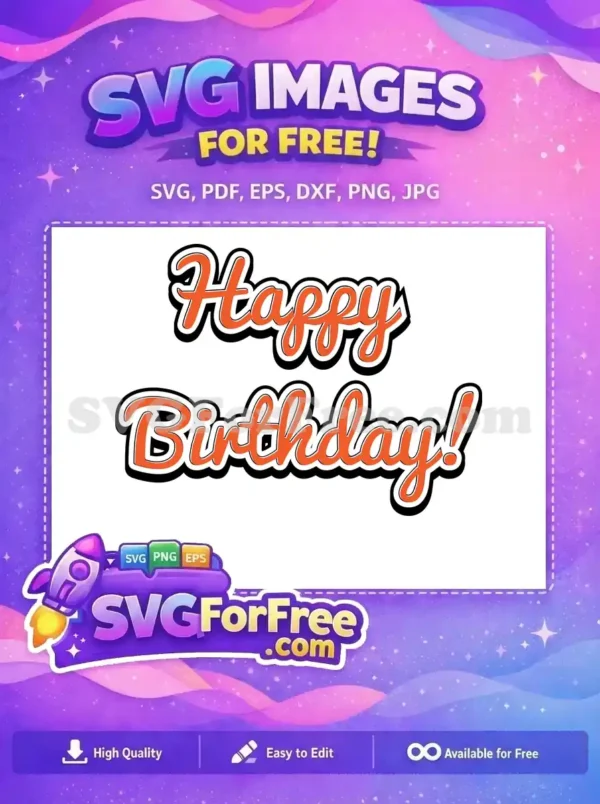 A vibrant, layered 'Happy Birthday!' free SVG design in orange, white, and black, perfect for festive projects.