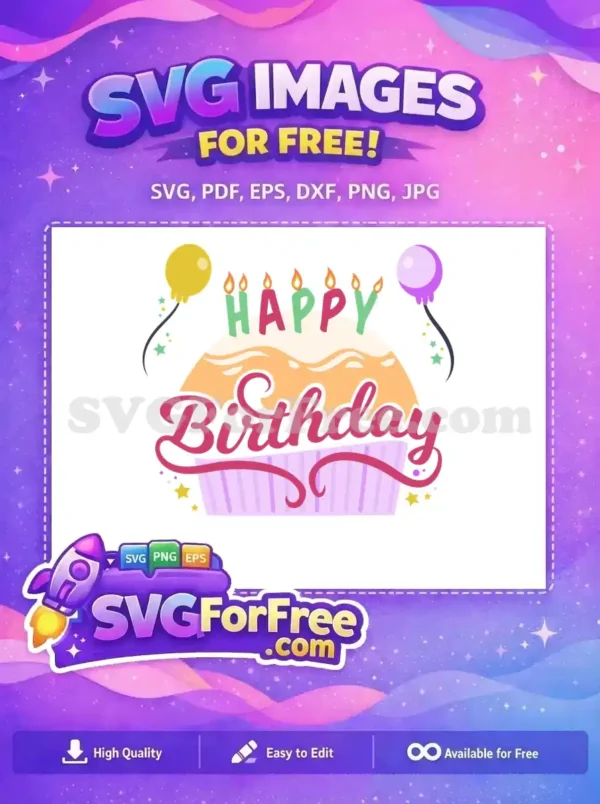 A vibrant free Happy Birthday cake design with colorful candles spelling 'HAPPY', script 'Birthday', balloons, and confetti. Ideal for celebrations.