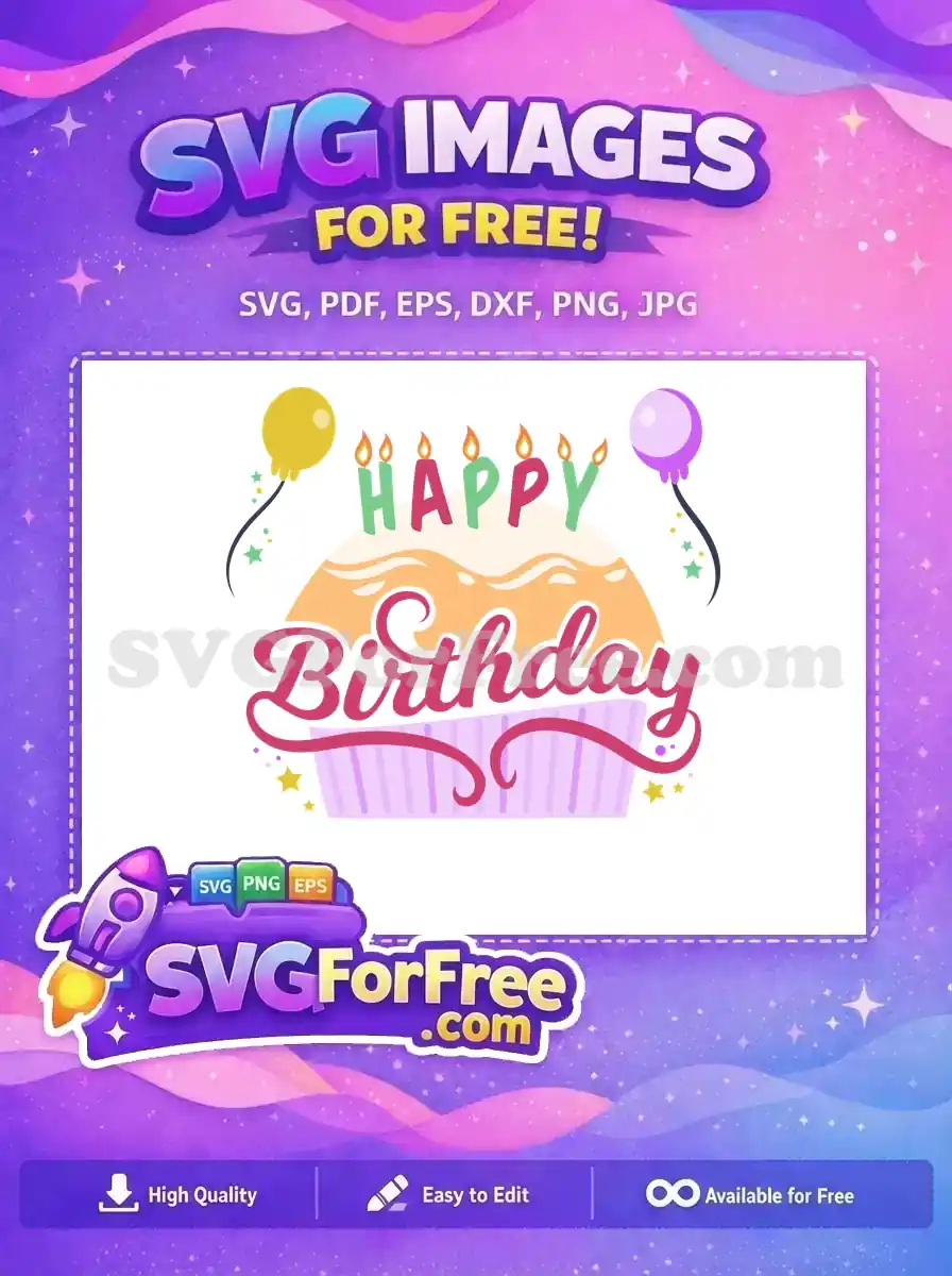 A vibrant free Happy Birthday cake design with colorful candles spelling 'HAPPY', script 'Birthday', balloons, and confetti. Ideal for celebrations.