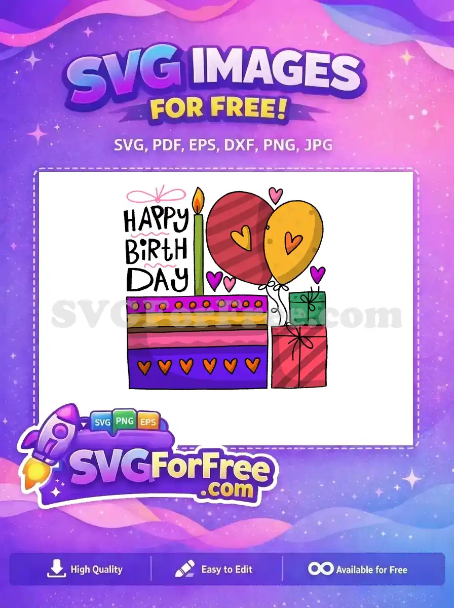 A vibrant, free birthday SVG featuring a cake, balloons, and gifts, perfect for free digital crafts and celebrations.