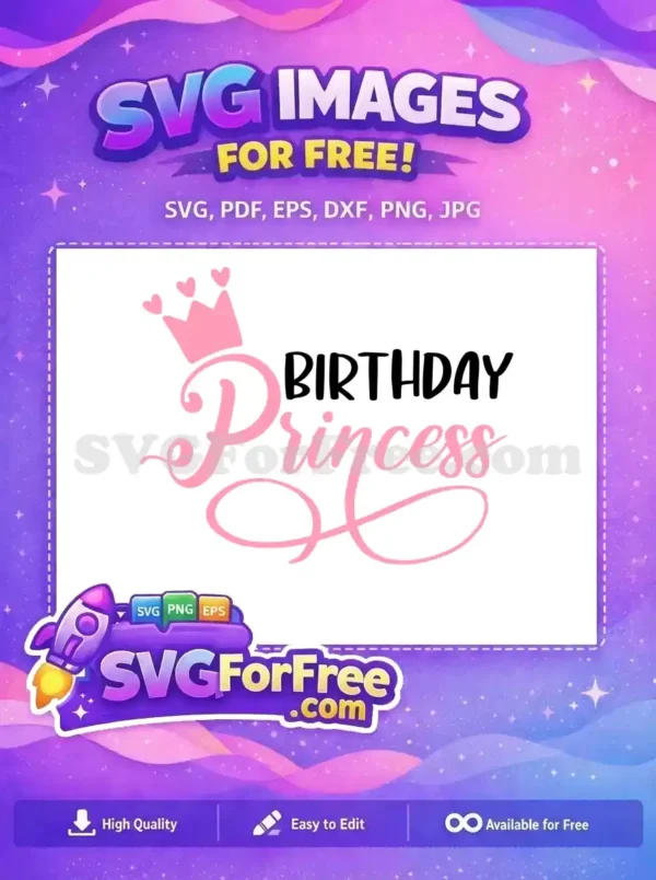 A beautiful free Birthday Princess design featuring a pink crown with hearts and elegant script, emphasizing this is a free design.