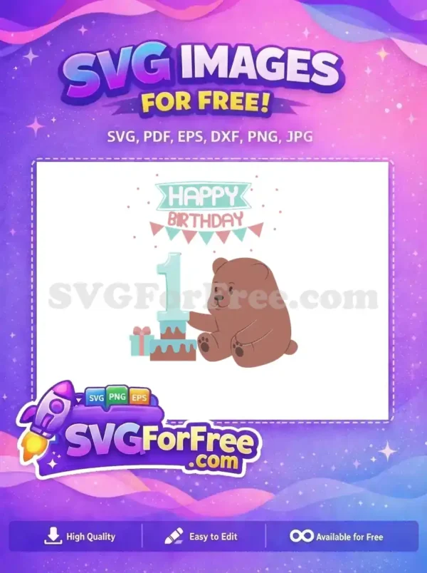 A charming free design featuring a brown teddy bear next to a first birthday cake with a large '1' topper. Perfect for baby's milestone.