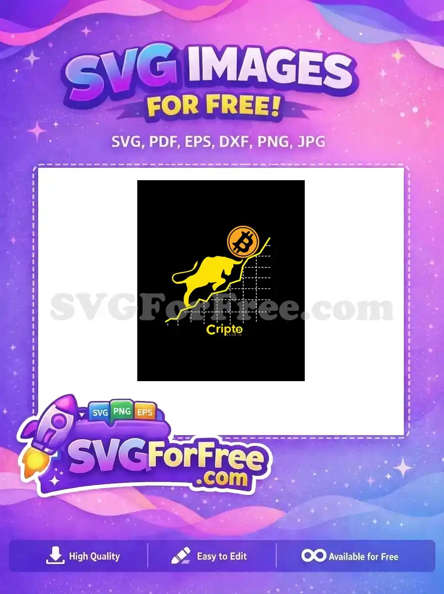 Experience this free Bitcoin bull market SVG, depicting a yellow bull on an ascending graph with a BTC icon. A free download for your projects.