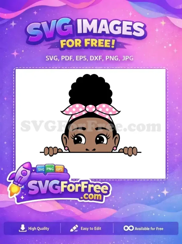 A delightful free design of a cartoon girl with an afro peeking over a surface, wearing a pink polka dot headscarf. Expressive eyes make this free vector charming.