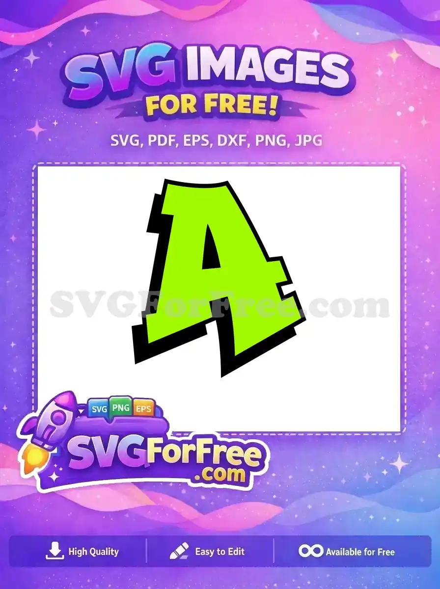 Free vibrant neon green graffiti-style capital 'A' letter design with a bold black outline and 3D shadow effect. A versatile free design for creative projects.