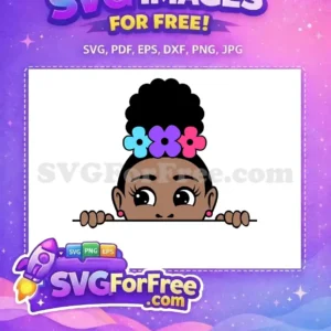 Free design: Adorable peeking girl with an afro and vibrant flowers. Perfect free SVG for playful charm in crafts.