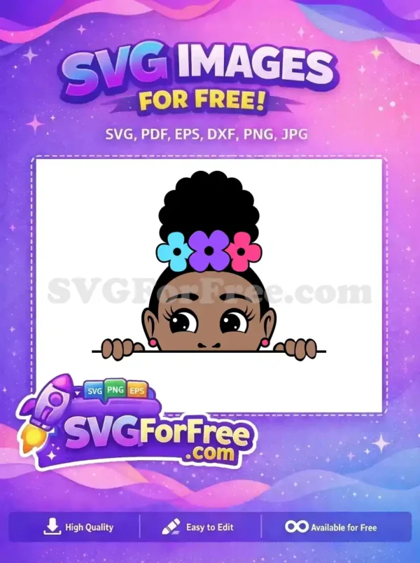 Free design: Adorable peeking girl with an afro and vibrant flowers. Perfect free SVG for playful charm in crafts.