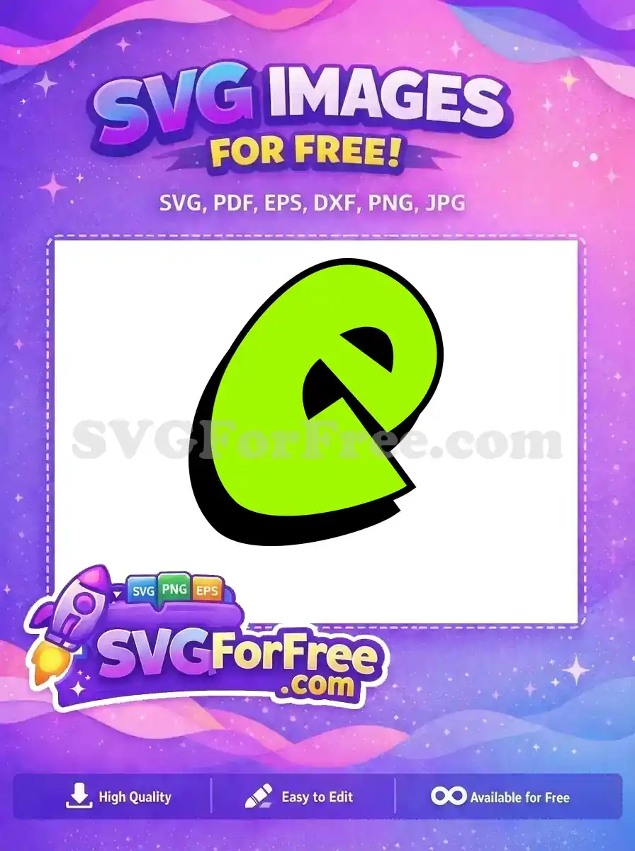 A free bold lime green lowercase letter 'e' SVG with a thick black outline and drop shadow, offering a playful, modern free design for various projects.