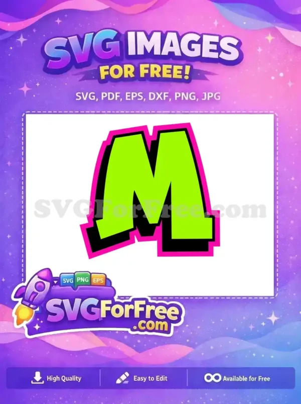 Free M Letter Design – Bold Neon Green Free SVG Graphic A free design featuring a neon green letter 'M' with bold black and hot pink outlines, ideal for vibrant projects. Download this free graphic!