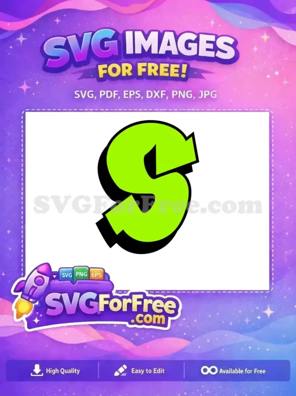 Download this free graffiti-style 'S' letter SVG, featuring a vibrant neon green fill and bold black outline with a cool drop shadow. Ideal for free creative projects.