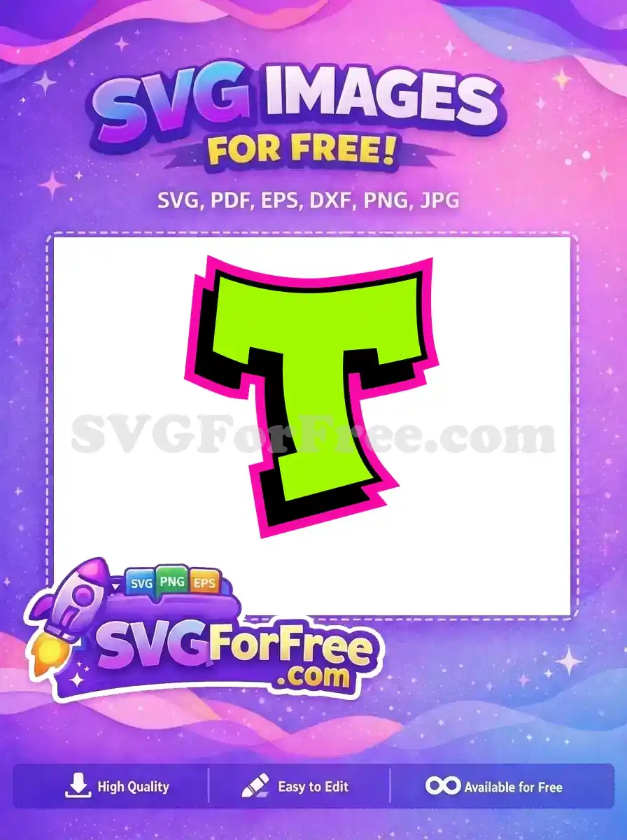 Free vibrant graffiti letter 'T' design in neon green, black, and pink. A free SVG for bold, impactful projects.