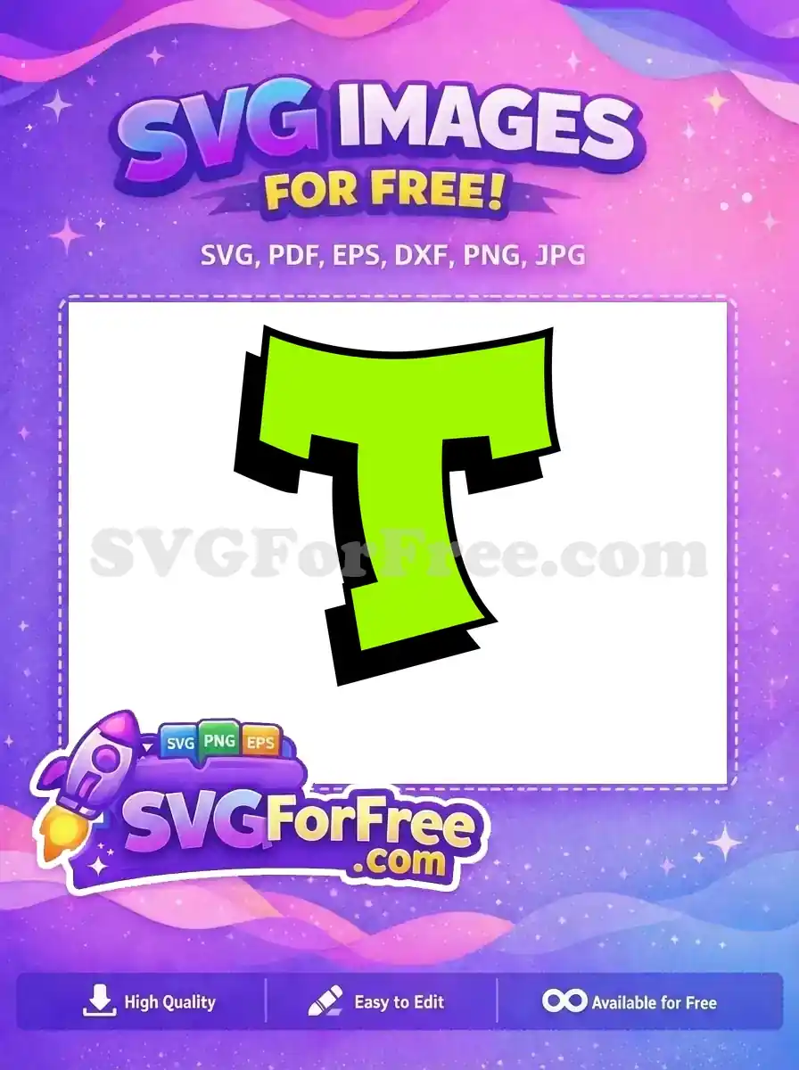 Explore this free design featuring a bold, neon green graffiti-style letter 'T' with a strong black outline and shadow effect.