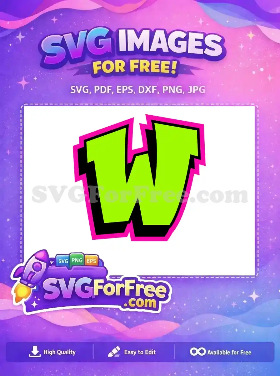 A free, bold, neon green graffiti-style letter 'W' with sharp black and hot pink outlines, perfect for vibrant projects.