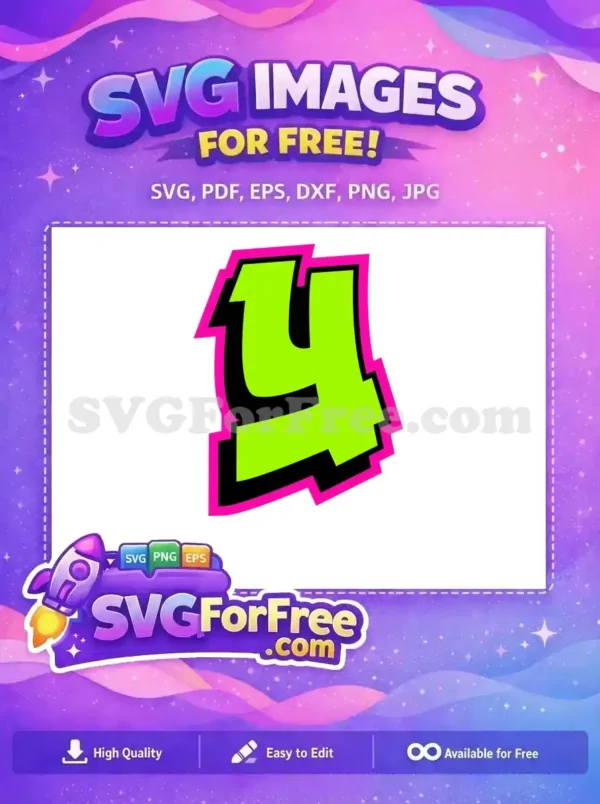 Free vibrant neon green graffiti-style number 4 with bold black outline and hot pink jagged border. A dynamic free SVG design.