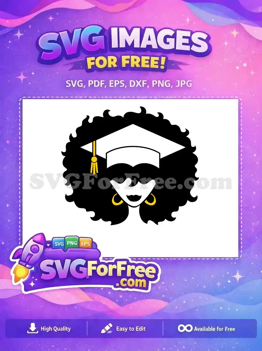 Free design of a proud Black graduate with a curly afro, wearing a cap and yellow tassel. A free SVG celebrating success.