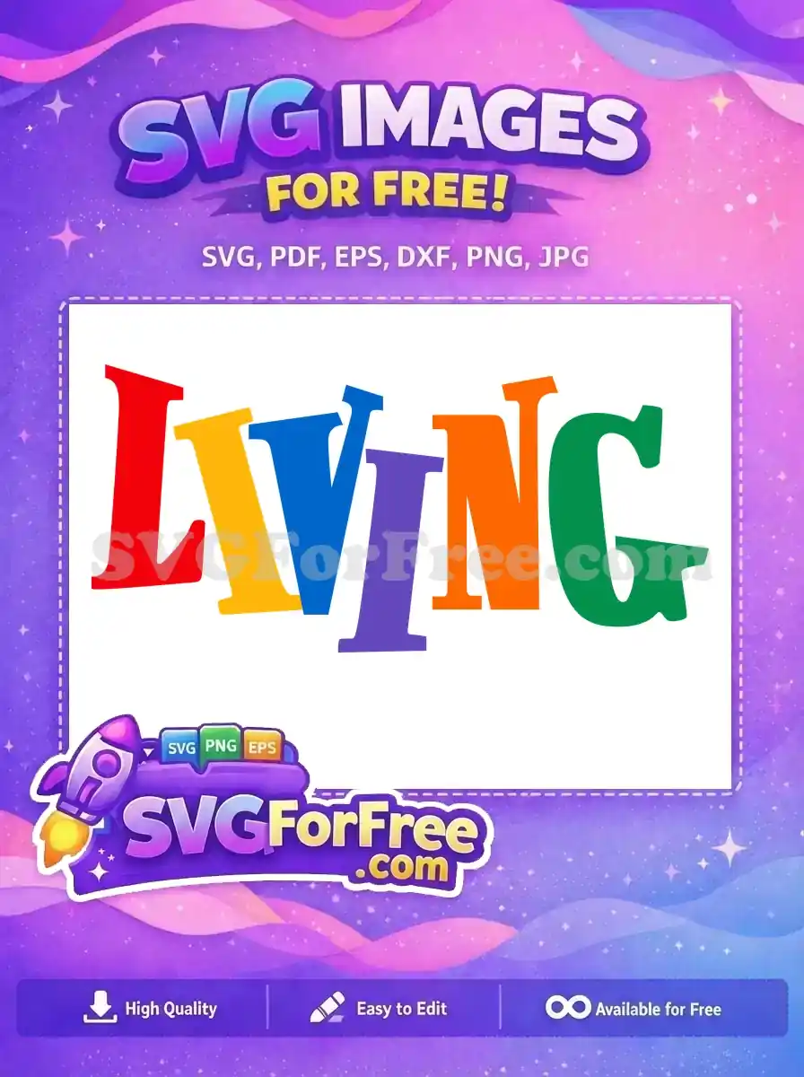 A free, vibrant SVG design spelling 'LIVING' with individually colored, playfully tilted letters. Ideal for creative projects.