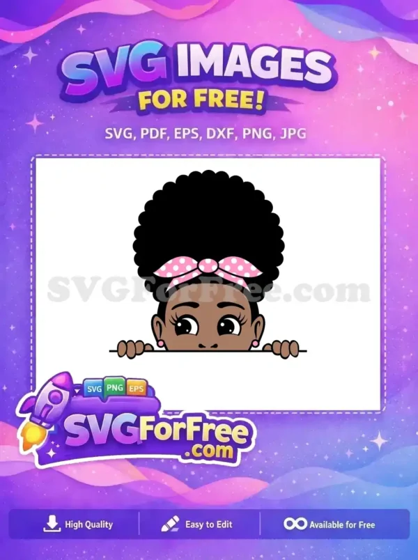 A delightful free SVG of an afro girl with a pink polka dot headband peeking, ideal for diverse creative projects.