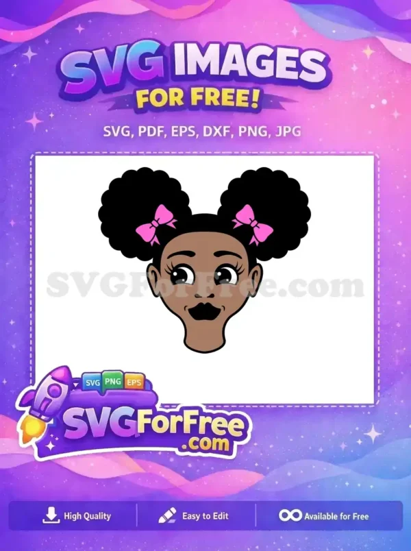 Cute Afro Puffs Girl Free Design – A Joyful Free SVG Free design: A vibrant cartoon of a Black girl with two afro puffs and pink bows, a charming free SVG for all.