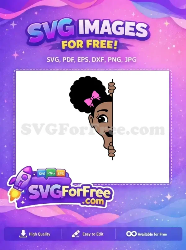 A free SVG of a joyful young Black girl with an afro and pink bow, peeking from the right side. This free peeking girl design is perfect for various crafts.